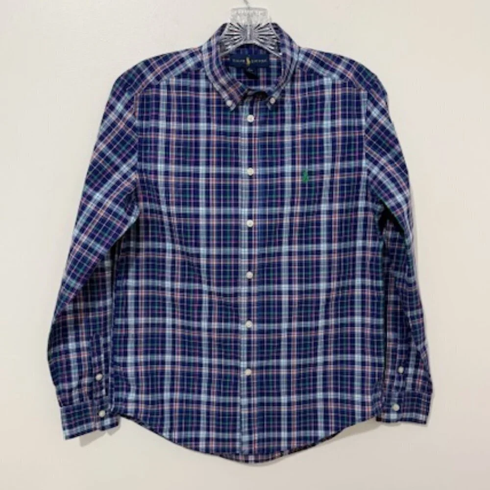 Ralph Lauren Button-Down Blue Green Plaid Long Sleeve Shirt  Boy's L 14-16